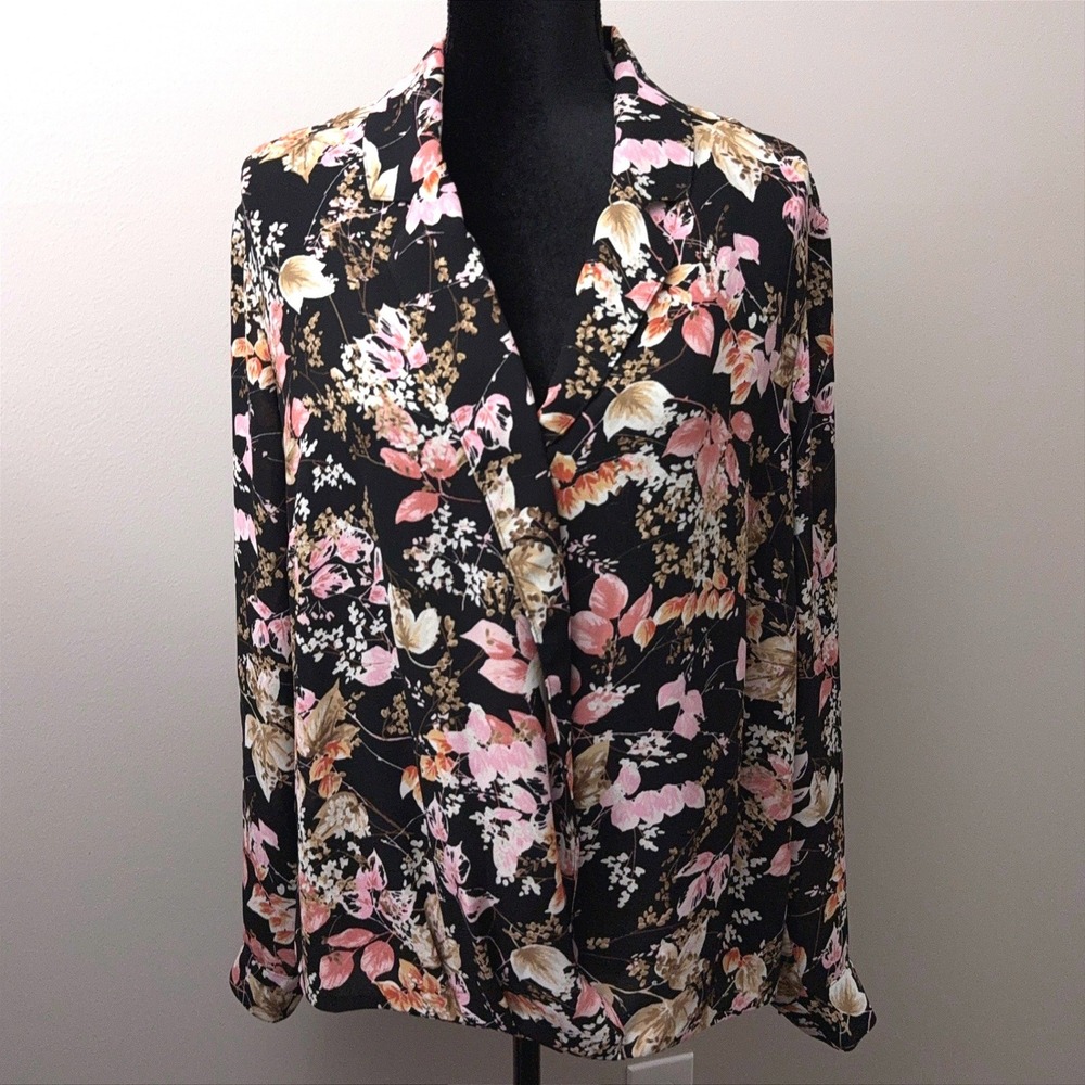 J.Jill Blouse Sz Large Black Floral Draped Wrap Front Long Sleeve Dark Floral
